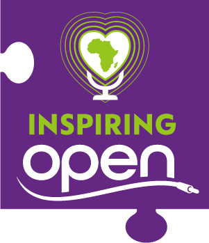 The purple puzzle icon for Wiki Loves Women's Inspiring Open podcast project. Above the project title is a graphic white heart-shaped microphone with the continent of Africa in green.